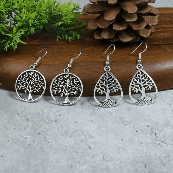 Antique Silver Vintage Style Round Drop Shape Hollow Tree Of Life Dangle Earring - Picture 3 of 8